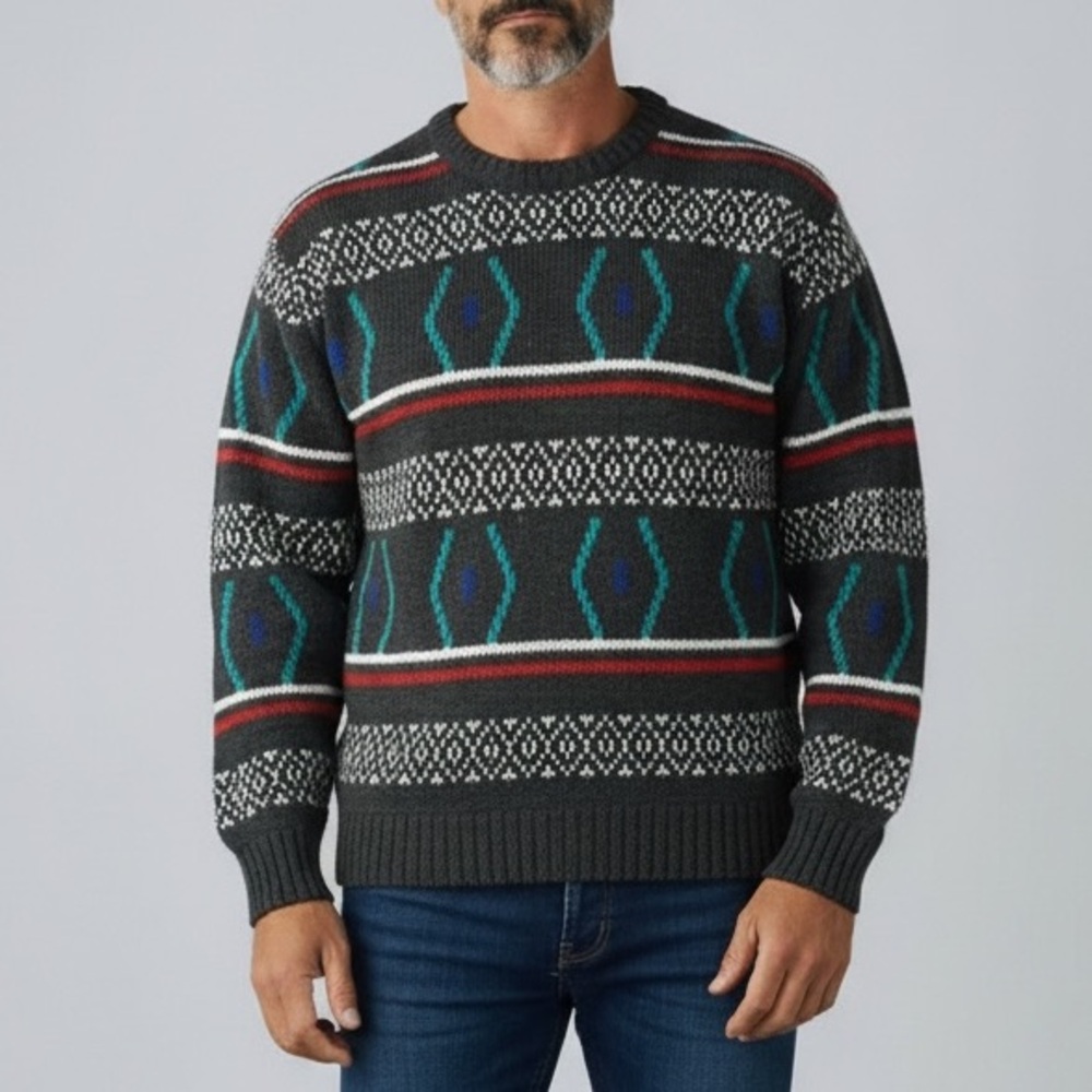 Men's Crewneck Patterned Sweater - Charcoal/Teal Accent